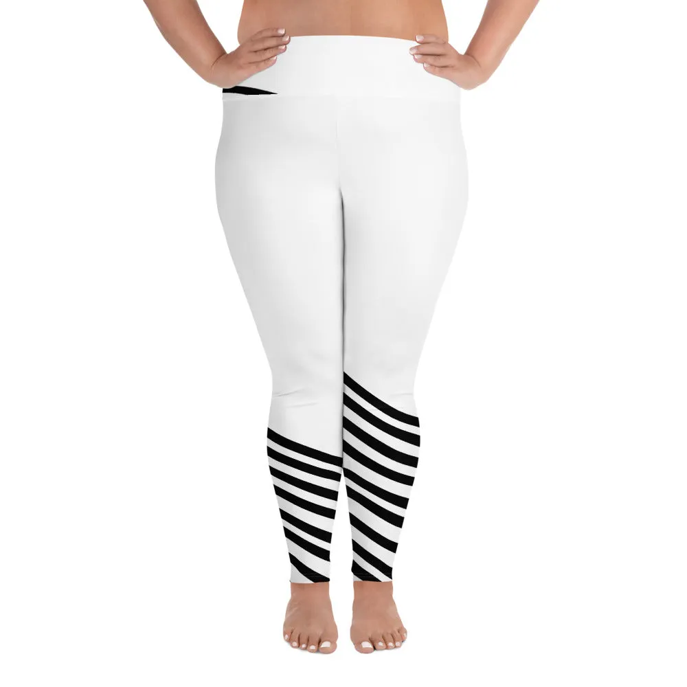 White Black Diagonal Striped Tights, Best Women's Sports Fitness Ankle Length Plus Size Leggings