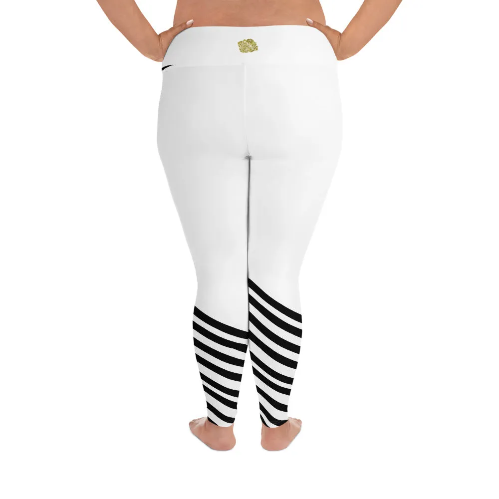 White Black Diagonal Striped Tights, Best Women's Sports Fitness Ankle Length Plus Size Leggings