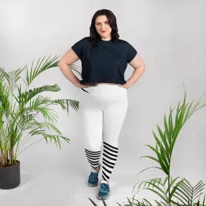 White Black Diagonal Striped Tights, Best Women's Sports Fitness Ankle Length Plus Size Leggings