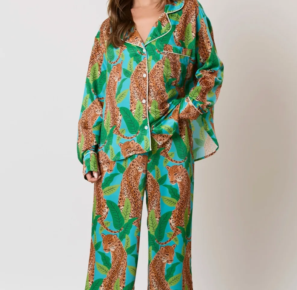 Wild Love Cheetah Long Sleeve Satin Pajama Pant Set