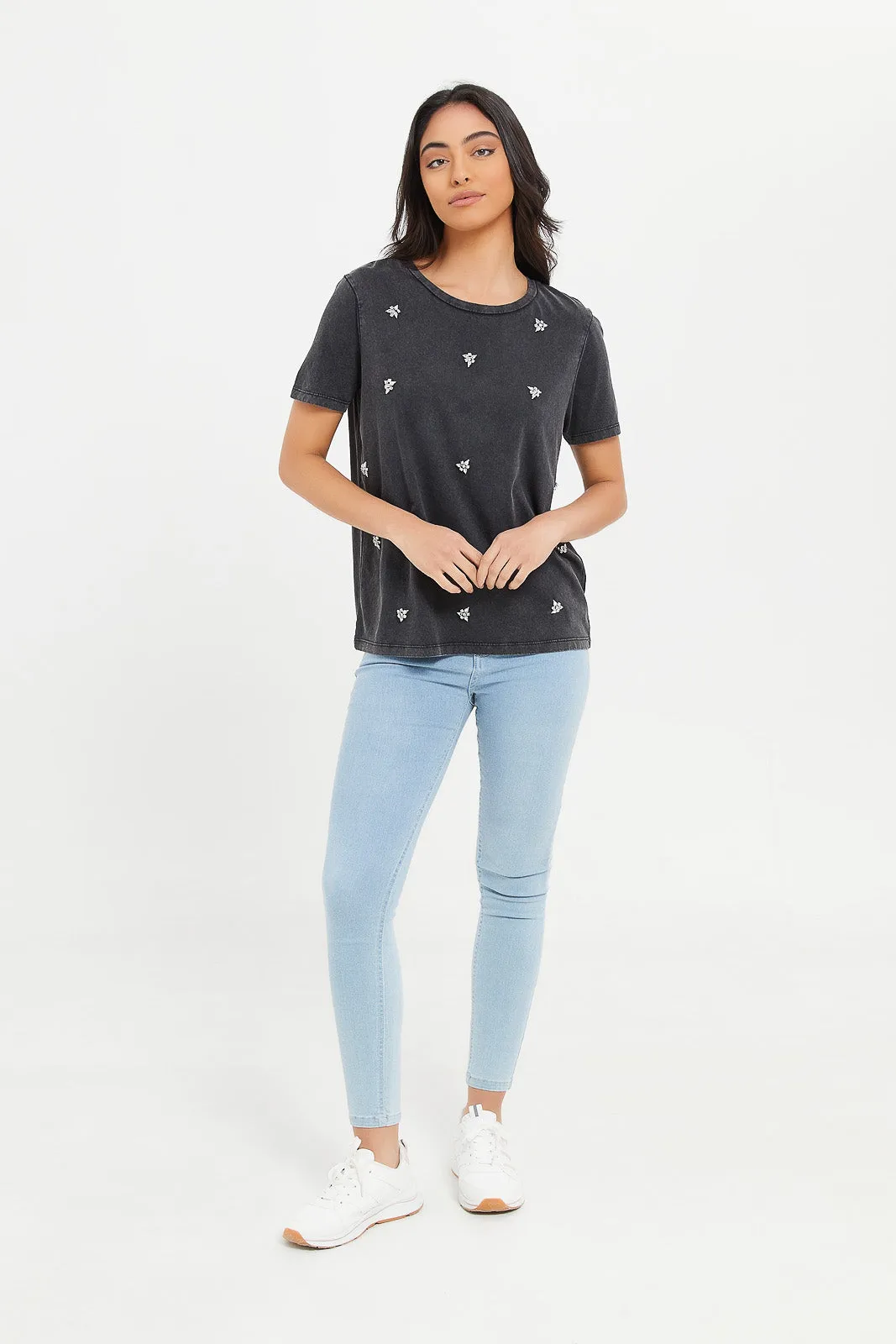 Women Charcoal Embellished Relaxed T-Shirt