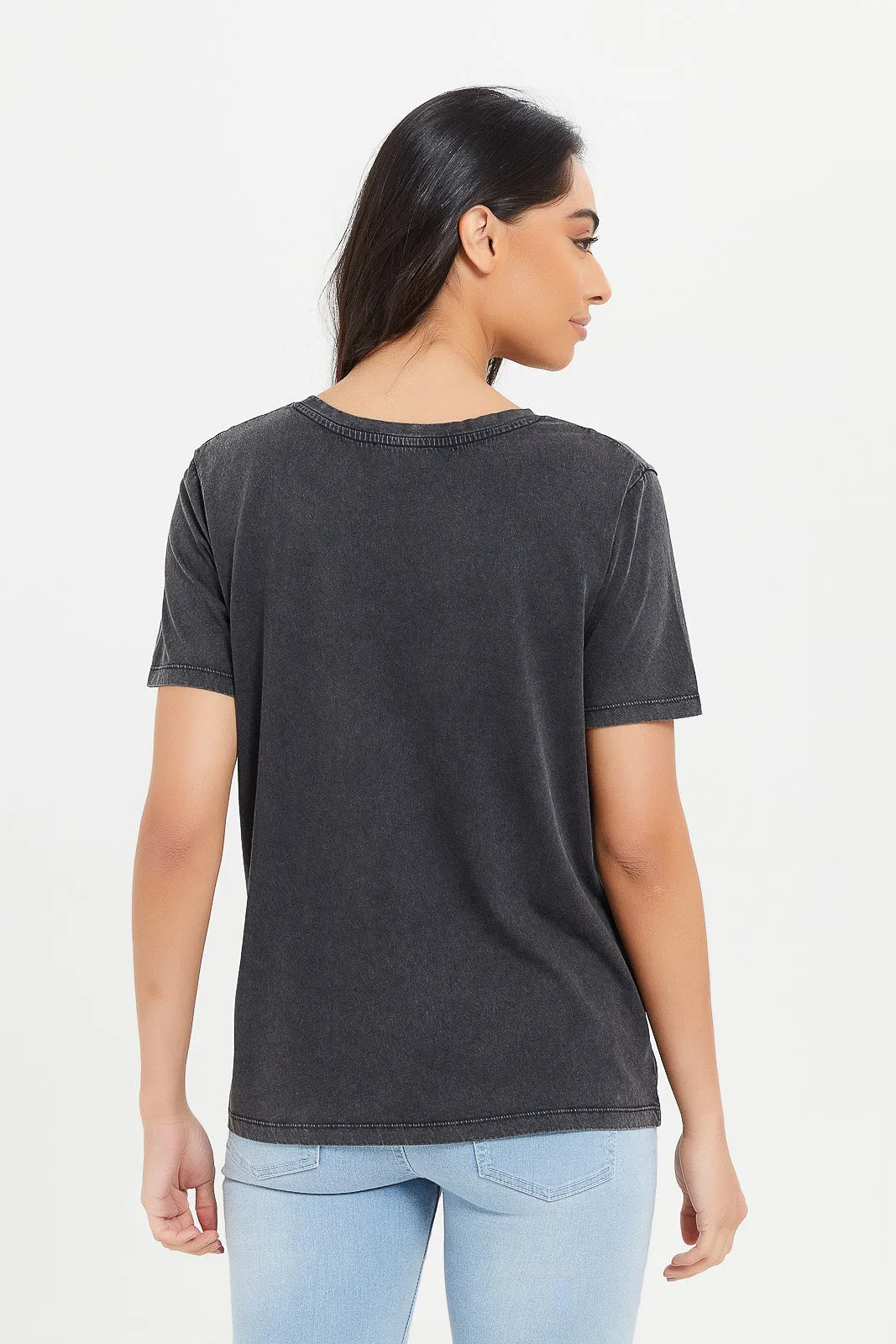 Women Charcoal Embellished Relaxed T-Shirt