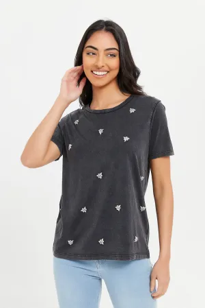 Women Charcoal Embellished Relaxed T-Shirt