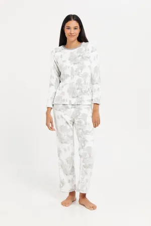 Women Grey Printed Fleece Pyjama Set (2 Piece)