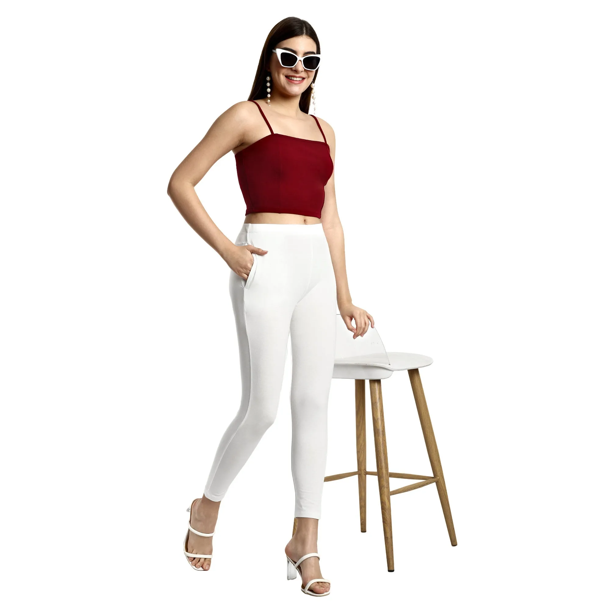 Women Off White Ankle Length Legging