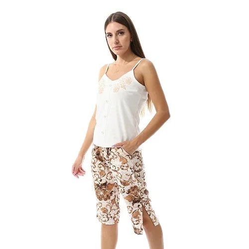 Women's Floral Print Pajama Set-Beige