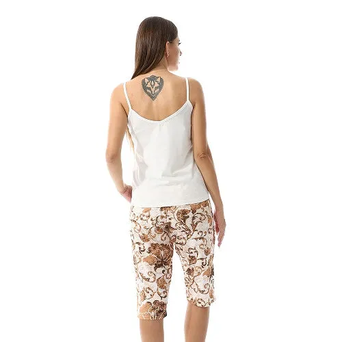 Women's Floral Print Pajama Set-Beige