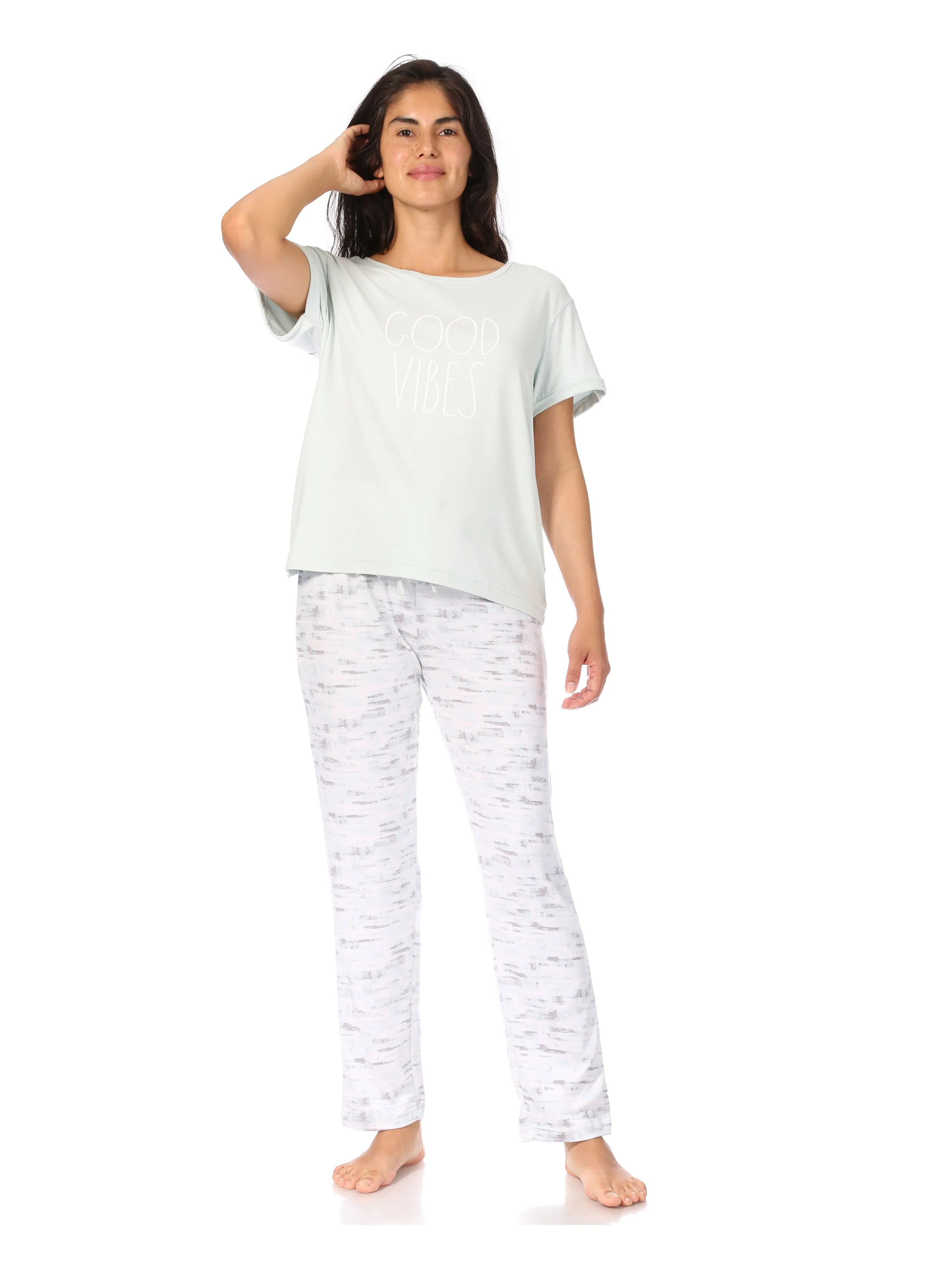 Women's "GOOD VIBES" Short Sleeve Top and Drawstring Pant Pajama Set