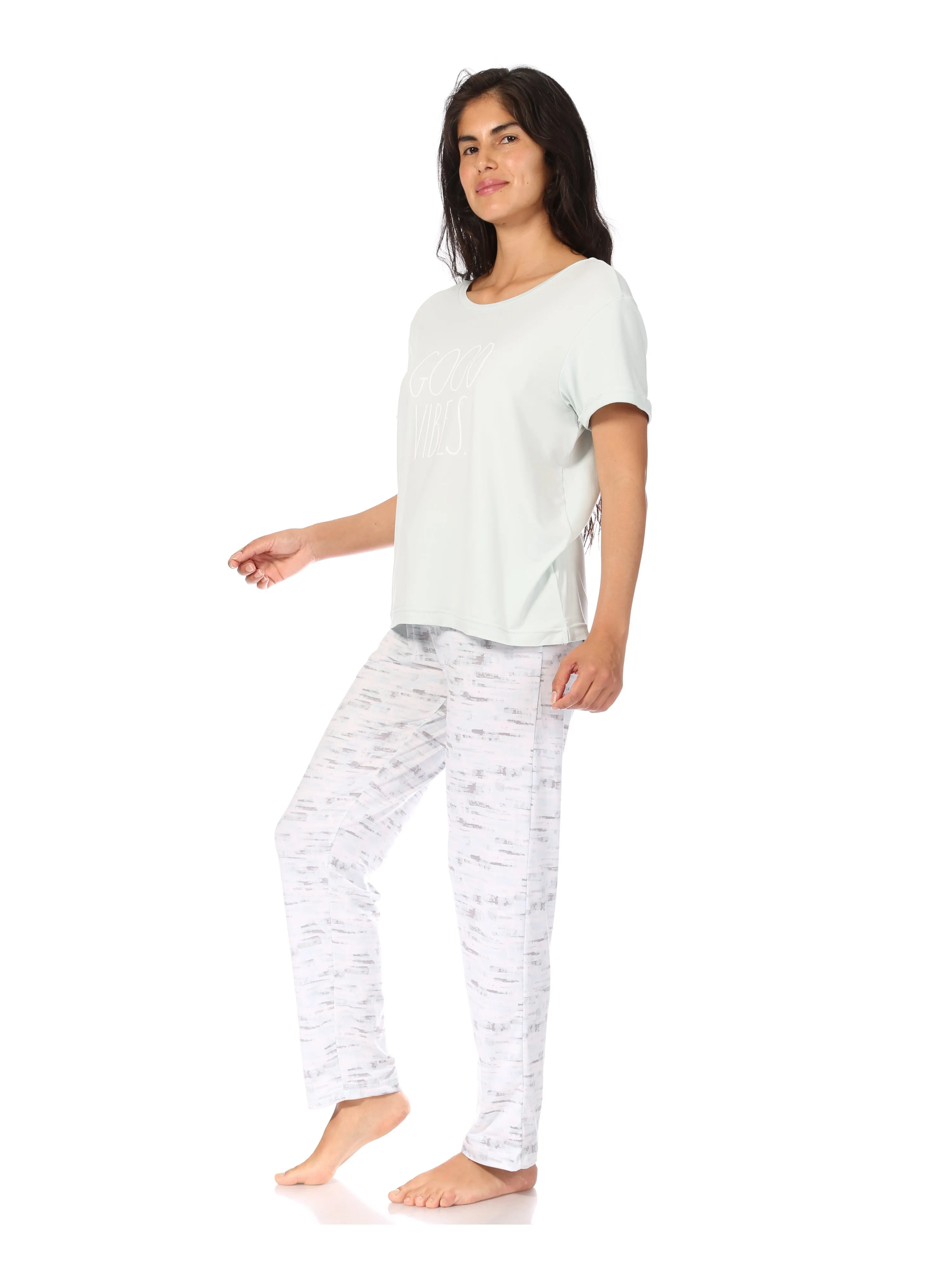 Women's "GOOD VIBES" Short Sleeve Top and Drawstring Pant Pajama Set