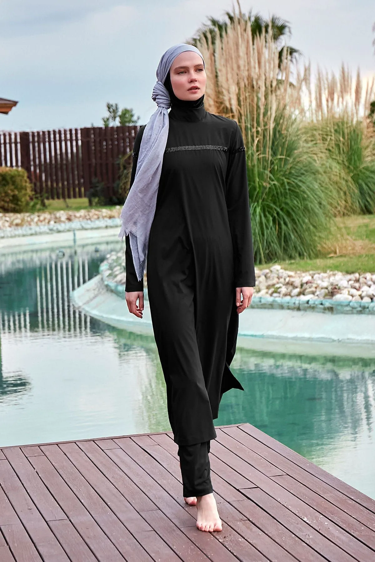 Woven Black Burkini Modest Swimwear  M2433