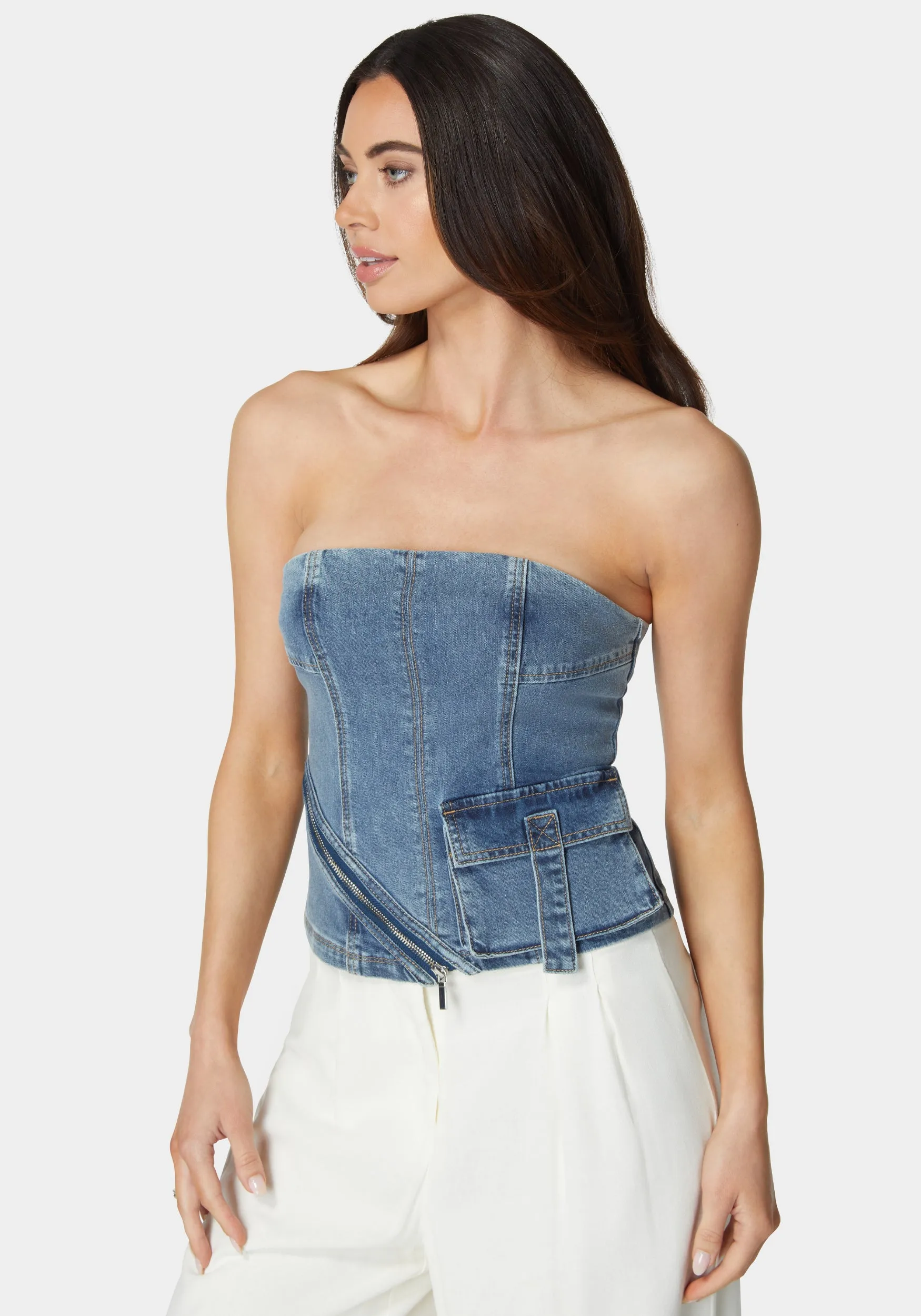 Zipper And Cargo Detail Denim Top